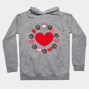 Retro red hearts and doodle paw prints Hoodie